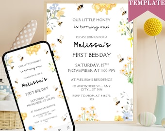 Floral Bee First Birthday Invitation: Editable Canva Template (Digital Download))