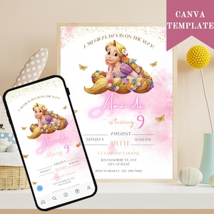 Editable Template Rapunzel Birthday Invitation, Princess Birthday Invitation, Princess Digital Invitation, Birthday Invitation Digital