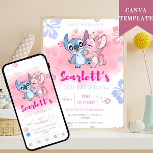 Stitch and Angel Birthday Invitation: Editable Party Invite (5x7, Digital Download