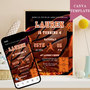 Plantilla de invitación de baloncesto editable, invitación de cumpleaños de baloncesto, invitación de baloncesto para niños y niñas, fiesta temática de baloncesto imprimible