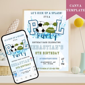 Editable Soccer Pool Birthday Invitation: Boy Sports Summer Party (Digital Download)