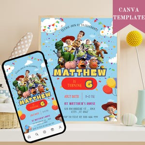 Modèle d'invitation d'anniversaire Toy Story modifiable pour enfants, invitations de fête d'anniversaire imprimables, modèle d'invitation de fête d'enfants numérique, carte d'anniversaire