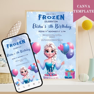 Invitación de cumpleaños de Frozen, fiesta de Frozen editable, invitación de Elsa, cumpleaños de nieve invernal imprimible y editable, plantilla Canva de descarga instantánea