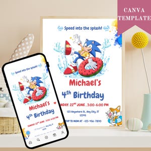 Faire-part de fête à la piscine Sonic le hérisson, invitation d'anniversaire Sonic modifiable pour garçons, téléchargement immédiat, modèle numérique de fête d'été