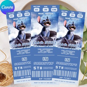 May include: Three blue and white movie ticket invitations for a Lilo & Stitch themed 5th birthday party. The tickets have a cartoon image of Stitch, the text 'Lilo & Stitch', the date '13th August', the time '6:00', the location '123 Anywhere, City...St 4567', and the text 'In Samantha's 5th Birthday'. The tickets also have a bar code and the text 'VIP Ticket'.