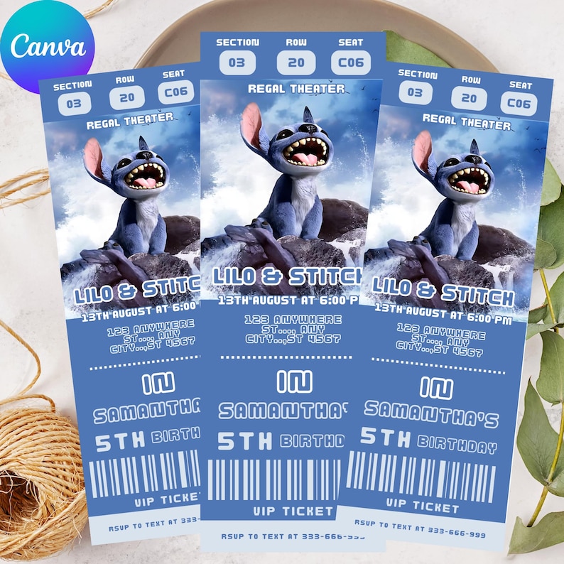 May include: Three blue and white movie ticket invitations for a Lilo & Stitch themed 5th birthday party. The tickets have a cartoon image of Stitch, the text 'Lilo & Stitch', the date '13th August', the time '6:00', the location '123 Anywhere, City...St 4567', and the text 'In Samantha's 5th Birthday'. The tickets also have a bar code and the text 'VIP Ticket'.