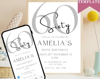 Minimalist 60th Birthday Invitation Template, Neutral Elegant Party Invite, Editable Digital Download, Instant Download