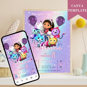 Modello modificabile per invito di compleanno per la casa delle bambole Gabbys, inviti stampabili per feste di compleanno, invito digitale per feste di compleanno, biglietto d'invito per feste di compleanno