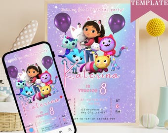 Editable Gabbys Dollhouse Birthday Invitation Template, Printable Birthday Party Invitations, Digital Bday Party Invite, Invite Bday Card
