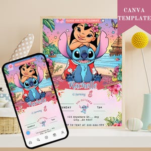 Faire-part d'anniversaire modifiable imprimable personnalisé, invitation d'anniversaire Lilo and Stitch, modèle d'invitation de fête Stitch, toile d'anniversaire fille Stitch