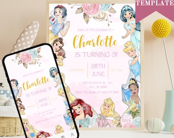 Princess Birthday Invitation, Princess Invitation, Princess Party Invitation, Girl Princess Invitations, Gold Pink Editable Digital Invite