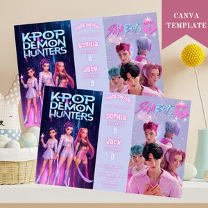 May include: Two invitation cards with the text "KPOP DEMON HUNTERS" and "Suji Boys" with illustrations of anime characters. The cards are light purple and pink with the text "Twice the Fun!" and details for a birthday party.