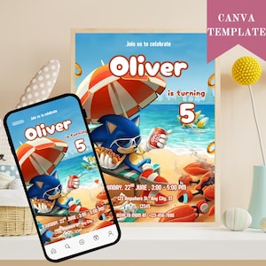 Convite para festa na piscina do Sonic, convite eletrônico para festa infantil do Super Ouriço, Trovão do Ouriço, convite digital de aniversário para menino