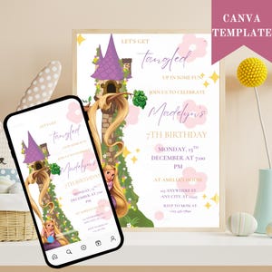 Editable Rapunzel Birthday Invitation, Princess Birthday Invitation, Birthday Tangled Invitation, Digital Evite, Canva Template