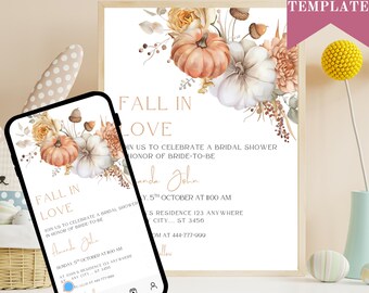 Fall in Love Bridal Shower Invitation: Pumpkin Theme, Editable Template (Digital Download)