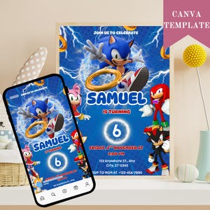 Invito di compleanno a tema Sonic The Hedgehog, invito per festa di compleanno di Sonic, Knuckle e Tails, invito modificabile a tema Sonic