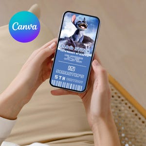 May include: A blue and white mobile phone displaying a birthday invitation with a cartoon image of Stitch from the movie Lilo & Stitch. The invitation reads 'Lilo & Stitch', '13th August at 6:00 PM', '223 Auvinere', 'Samantha's 5th Birthday'.