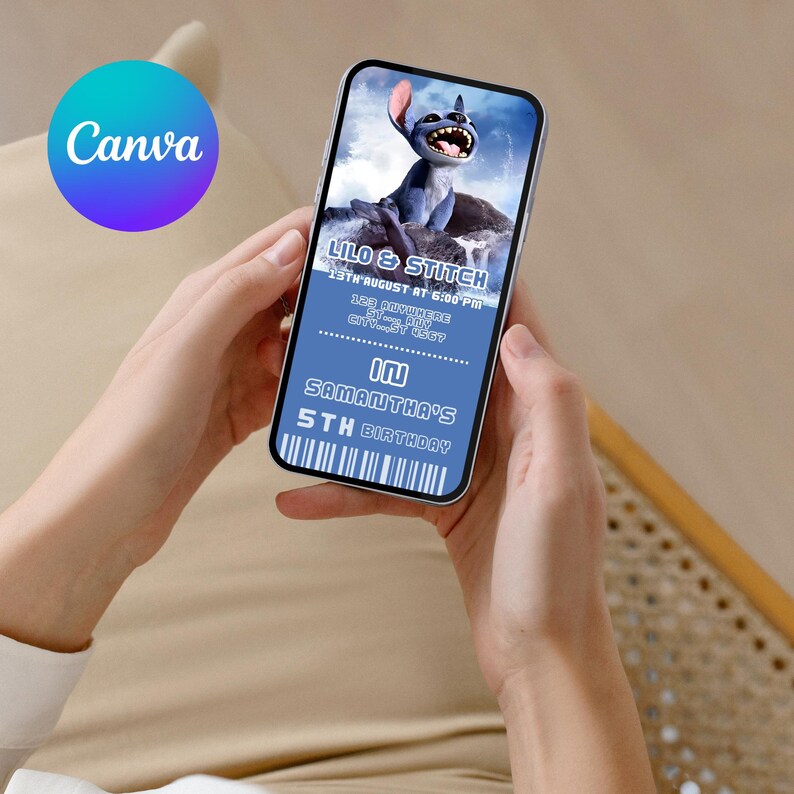 May include: A blue and white mobile phone displaying a birthday invitation with a cartoon image of Stitch from the movie Lilo & Stitch. The invitation reads 'Lilo & Stitch', '13th August at 6:00 PM', '223 Auvinere', 'Samantha's 5th Birthday'.