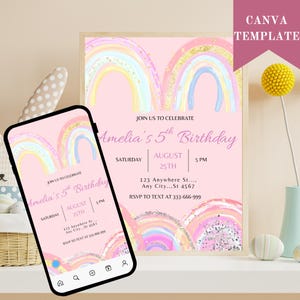 Rainbow Glitter 5th Birthday Invitation Girl: Editable Template (Printable, Digital Download