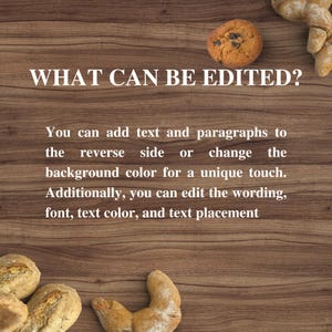 May include: A wooden background with the text 'WHAT CAN BE EDITED?' in white. Below the text is a description in white text that reads 'You can add text and paragraphs to the reverse side or change the background color for a unique touch. Additionally, you can edit the wording, font, text color, and text placement.' There are four pieces of bread around the text.