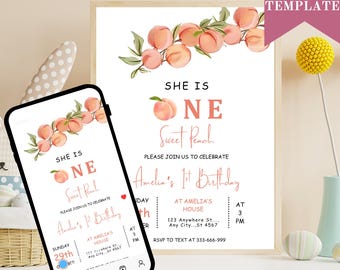 Peach First Birthday Invitation Template: Editable Canva Invite (Digital Download