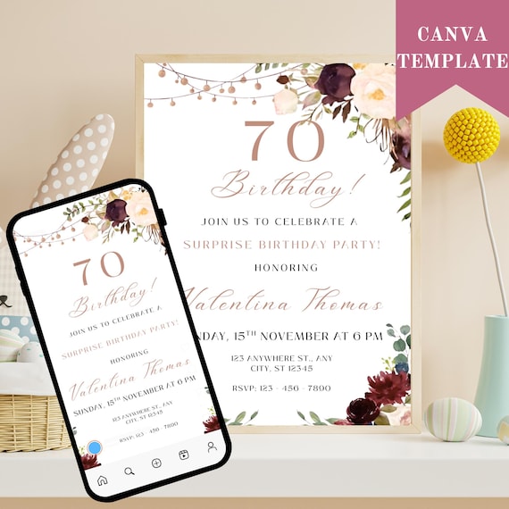 Floral 70th Birthday Invitation Template: Editable Party Invite