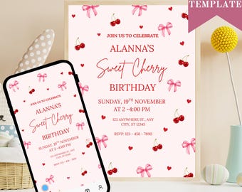 Invitación de cumpleaños de cerezas: Plantilla editable de Canva (descarga digital)