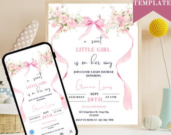 Pink Bow Baby Shower Invitation: Floral Ribbon Girl Invite (Editable Canva Template, Digital Download
