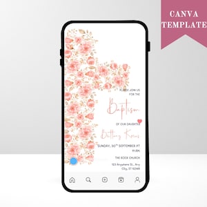 Vintage Floral Baptism Phone Invitation For A Girl, Floral Invitation Template, Baptism Invitation Dusty Pink Template, Elegant Invitation