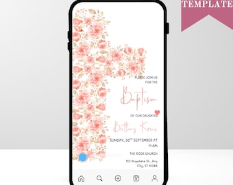 Vintage Floral Baptism Phone Invitation: Dusty Pink Template (Digital Download)