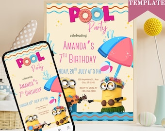 Editable  Minion Pool Party Birthday Invitation, Summer Birthday Party Invite, Kids Birthday Pool Party Invitation, Minions Invitations