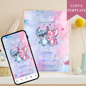 Modello di invito modificabile per rivelare il sesso del bambino Stitch, inviti stampabili per baby shower Stitch rosa e blu, inviti per rivelare il sesso del bambino Stitch Angel Canva