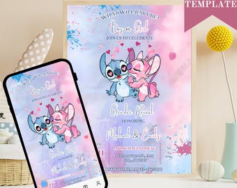 Stitch Gender Reveal Invitation: Pink & Blue, Printable (Canva Template)