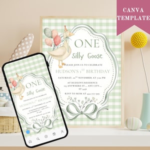 One Silly Goose 1st Birthday Invitation Template: Green Party Invite (Digital Download 5x7&quot; PDF)