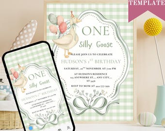 One Silly Goose 1st Birthday Invitation Template: Green Party Invite (Digital Download 5x7" PDF)