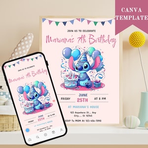 Sjabloon bewerkbare steek verjaardagsfeestje uitnodiging, cartoon verjaardagsuitnodiging, Stitch verjaardagsuitnodiging zwembadfeest, Stitch verjaardagsfeestje