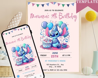May include: A framed birthday invitation and a smartphone displaying the same design. The invitation features a cartoon character, balloons, and the text "Mariana's 7th Birthday." The invitation includes the date, time, and location.