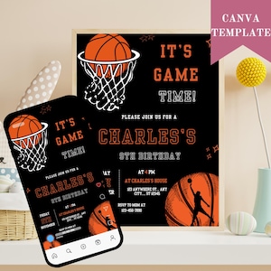 Plantilla de invitación de baloncesto editable, invitación de cumpleaños de baloncesto, invitación de baloncesto para niños y niñas, fiesta temática de baloncesto imprimible