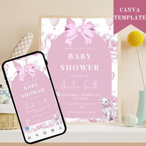 Pink Toile Safari Baby Shower Invitation Set, Safari Animal Baby Girl Shower Digital Invite, Toile de Jouy Baby Shower Invite Vintage Safari