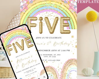 Invitación editable con lentejuelas arcoíris para el quinto cumpleaños: Plantilla imprimible de Canva (archivo PDF)