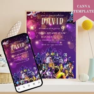 Fort Spiel Geburtstagseinladung, bearbeitbare Geburtstagseinladung Download Canva, Geburtstagsparty-Vorlage, Videospiel-Geburtstags-Gamer-Karte, Gamer-Party