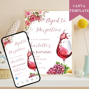 Editable Wine Birthday Invitation: Aged to Perfection, Floral (Canva Template, Digital Download)