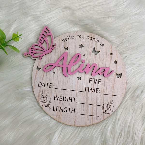 Custom Baby Announcement Sign with Birth Stats, Birth Stat Sign With Butterfly, Name Reveal, Hello My Name Is Sign, Sign For Hospital