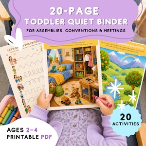 May include: A 20-page toddler quiet binder printable PDF with 20 activities for assemblies, conventions, and meetings. The pages feature colorful illustrations of a bedroom, a landscape with mountains, and tracing exercises for ages 2-4.