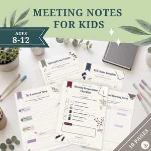 Könnte beinhalten: Ein Set gedruckter Meeting-Notizen für Kinder im Alter von 8-12 Jahren, bestehend aus 10 Vorlagenseiten wie einer Vorbereitungs-Checkliste, Kommentarvorbereitung, spirituellen Notizen und Redevorlagen mit floralen Illustrationen.