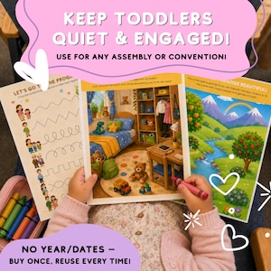 Puede incluir: Tres hojas de actividades para niños con ilustraciones coloridas de un dormitorio, un paisaje con montañas y un arcoíris, y un ejercicio de trazado. El texto dice KEEP TODDLERS QUIET & ENGAGED! USE FOR ANY ASSEMBLY OR CONVENTION!