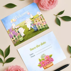 Cartão de Boas-Vindas com Ovelhinha Fofa - Reserve a Data para Imprimir | Download Digital | Convite para Chá de Bebê com Ovelhinha em Tons Pastel, Cartão Postal com Saudações para Recém-nascidos