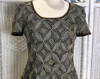 Vintage 90s Papell Boutique Evening Silk Beaded Top S Black Gold Holiday Glam