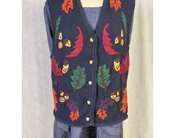 Vintage Jennifer Moore Autumn Leaf Sweater Novelty Vest Embroidered Navy L