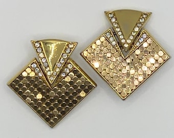 Vintage Whiting & Davis Clip-On Earrings Gold Geometric Honeycomb Rhinestone 80s